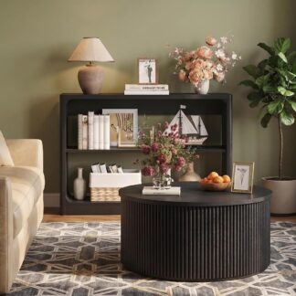 FATORRI Living Room Table Set of 2, Round Fluted Coffee Table & 3-Tier Console Table with Storage Shelves, Modern Farmhouse Wood Coffee Table and Sofa Table Bundle for Living Room, Black