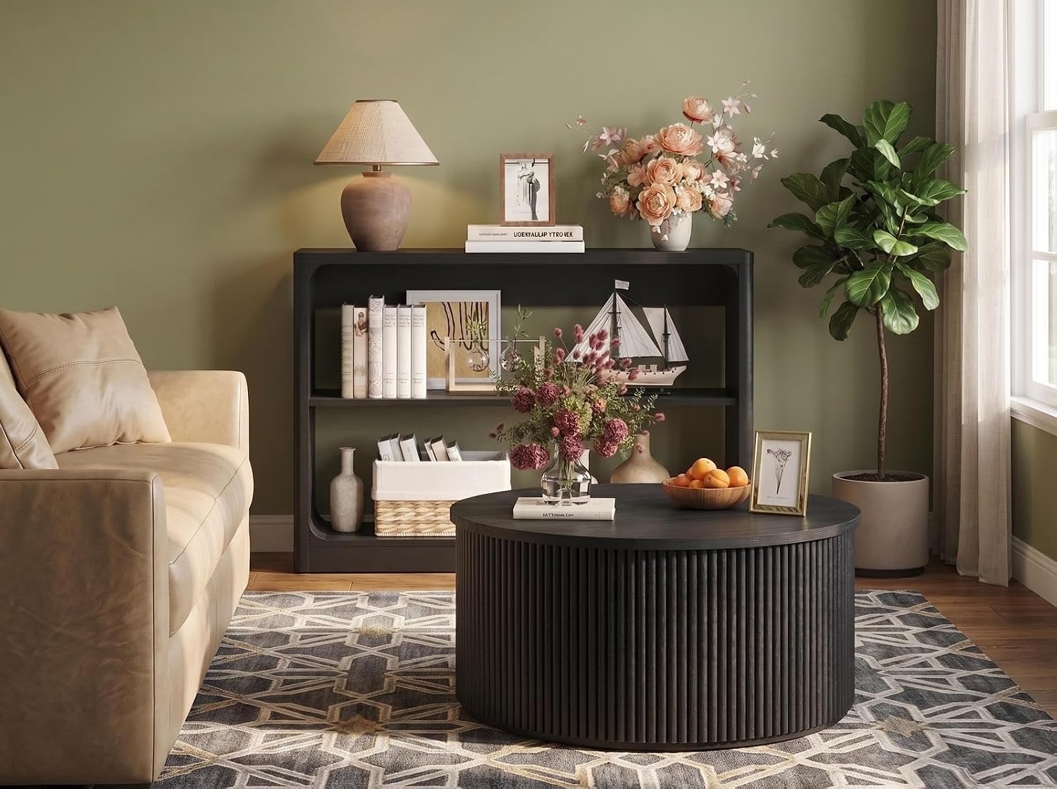 FATORRI Living Room Table Set of 2, Round Fluted Coffee Table & 3-Tier Console Table with Storage Shelves, Modern Farmhouse Wood Coffee Table and Sofa Table Bundle for Living Room, Black