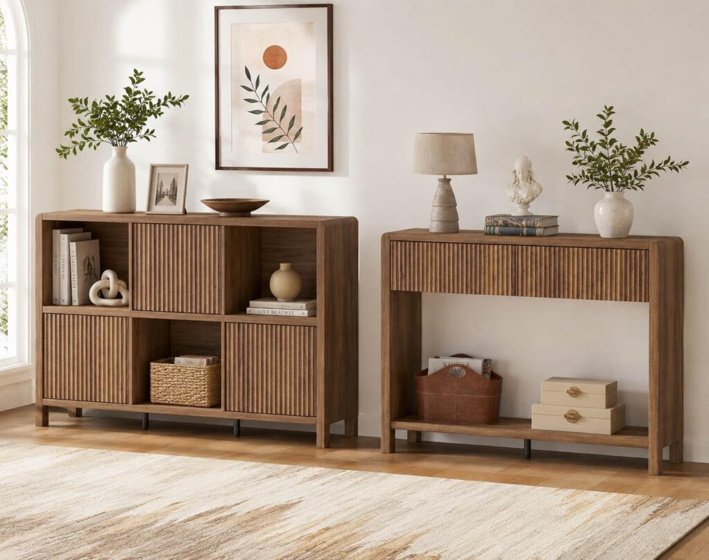 FATPRRI Console Table with 2 Drawers and 6 Cube Bookcase with 3 Doors for Living Room, Walnut