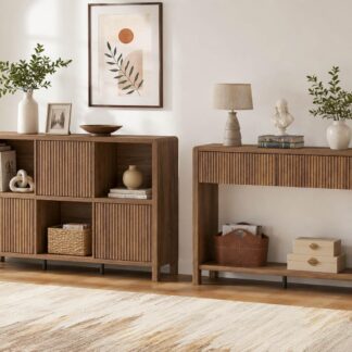 FATPRRI Console Table with 2 Drawers and 6 Cube Bookcase with 3 Doors for Living Room, Walnut
