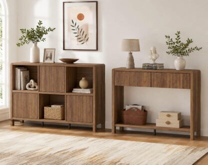 FATPRRI Console Table with 2 Drawers and 6 Cube Bookcase with 3 Doors for Living Room, Walnut