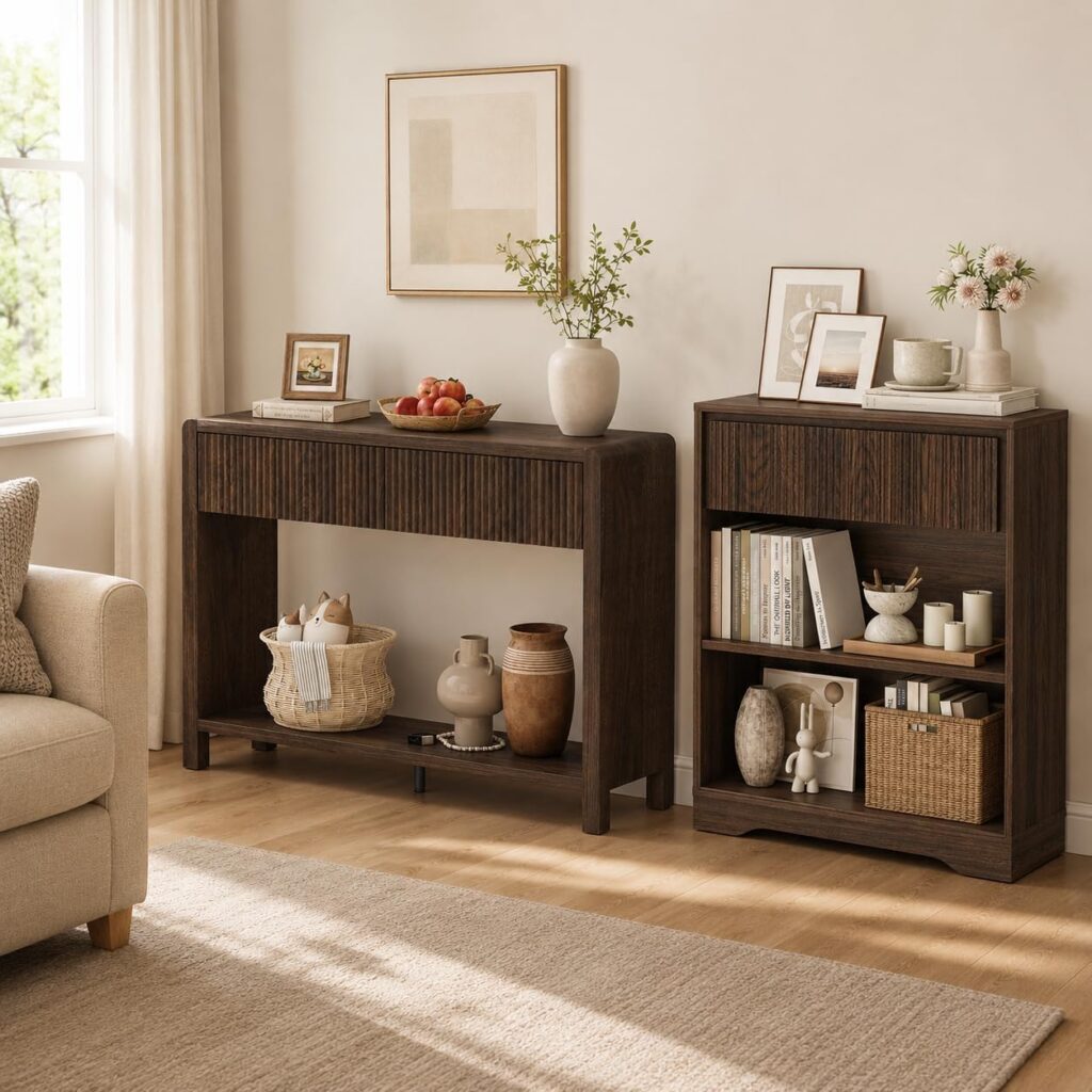 FATORRI 3‑Tier Bookhelf & 2‑Drawer Console Table Bundle, Dark Walnut Wave‑Pattern Drawer Wood Living Room Set