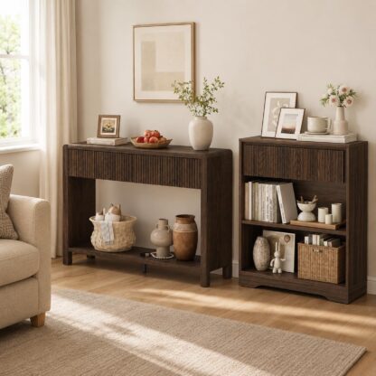 FATORRI 3‑Tier Bookhelf & 2‑Drawer Console Table Bundle, Dark Walnut Wave‑Pattern Drawer Wood Living Room Set
