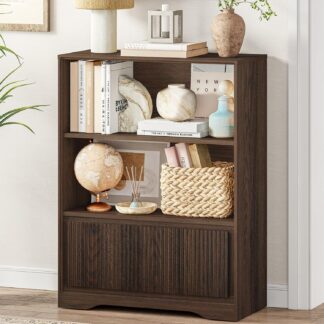 FATORRI Small Bookshelf with Fluted Drawer, 3-Tier Narrow Bookcase for Living Room, Home Office, Short Book Shelf for Small Spaces (Dark Walnut)