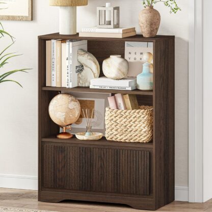 FATORRI Small Bookshelf with Fluted Drawer, 3-Tier Narrow Bookcase for Living Room, Home Office, Short Book Shelf for Small Spaces (Dark Walnut)