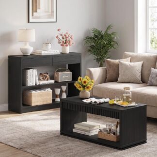 FATORRI Fluted Coffee Table with Storage Shelf & Console Table with 2 Drawers, Modern Farmhouse Wood Coffee Table and Sofa Table for Entryway, Hallway, Living Room (Black)