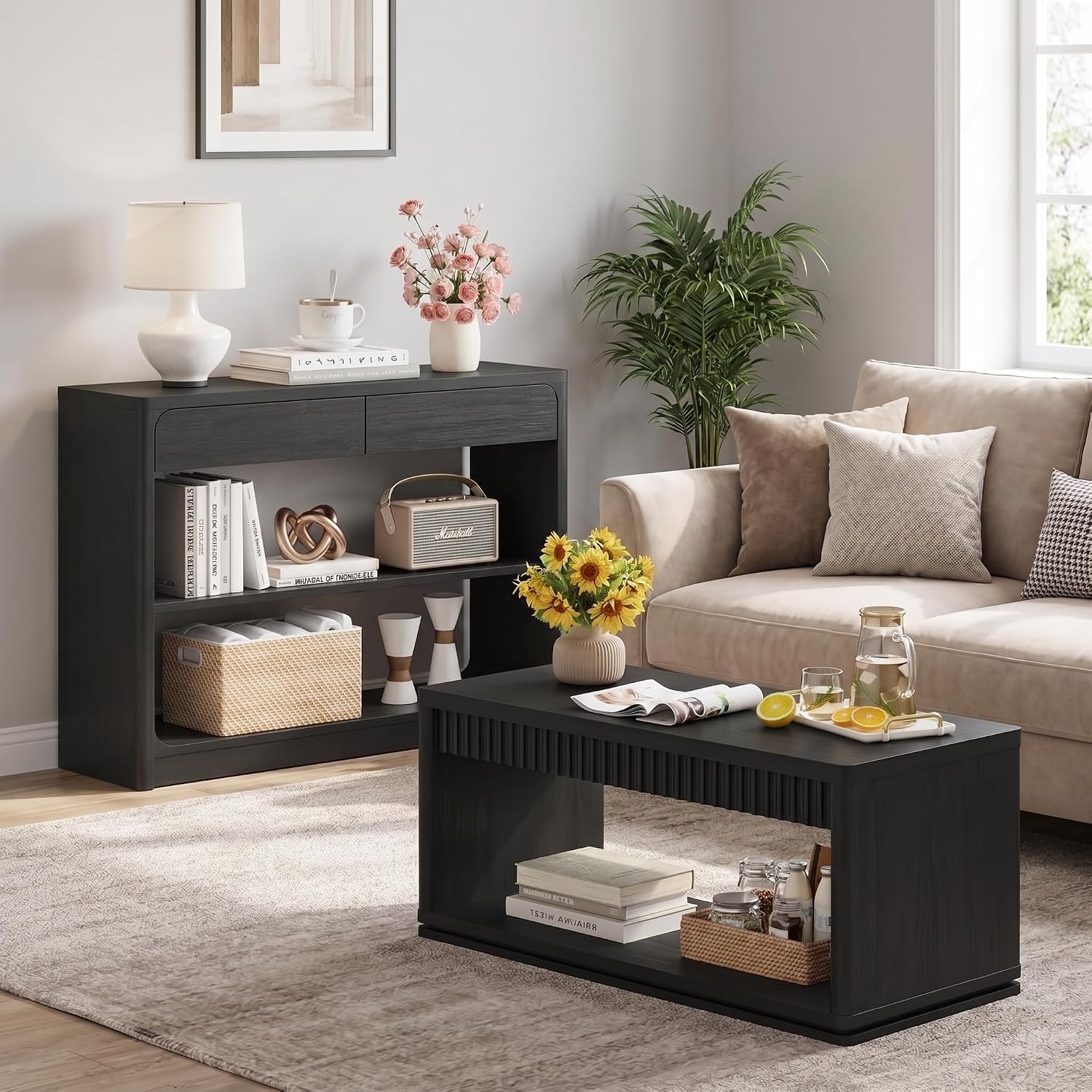 FATORRI Fluted Coffee Table with Storage Shelf & Console Table with 2 Drawers, Modern Farmhouse Wood Coffee Table and Sofa Table for Entryway, Hallway, Living Room (Black)