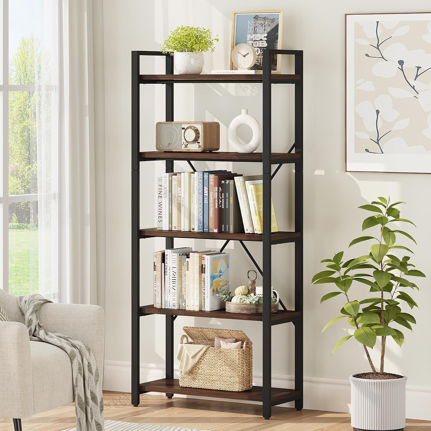 FATORRI 5 Tier Industrial Bookshelf, Rustic Etagere Bookcase for Display, Vintage Shelving Unit Wood and Metal Tall Book Shelves for Home Office (Dark Walnut)
