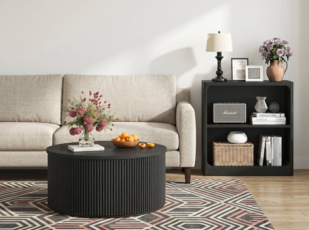 FATORNI Fluted Coffee Table and 3-Tier Bookshelf Set of 2, Round Coffee Table & Open Bookcase with Rounded Corners for Living Room, Black