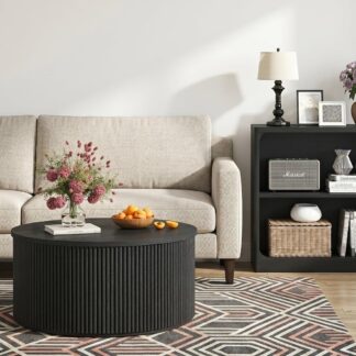 FATORNI Fluted Coffee Table and 3-Tier Bookshelf Set of 2, Round Coffee Table & Open Bookcase with Rounded Corners for Living Room, Black