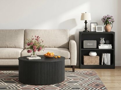 FATORNI Fluted Coffee Table and 3-Tier Bookshelf Set of 2, Round Coffee Table & Open Bookcase with Rounded Corners for Living Room, Black