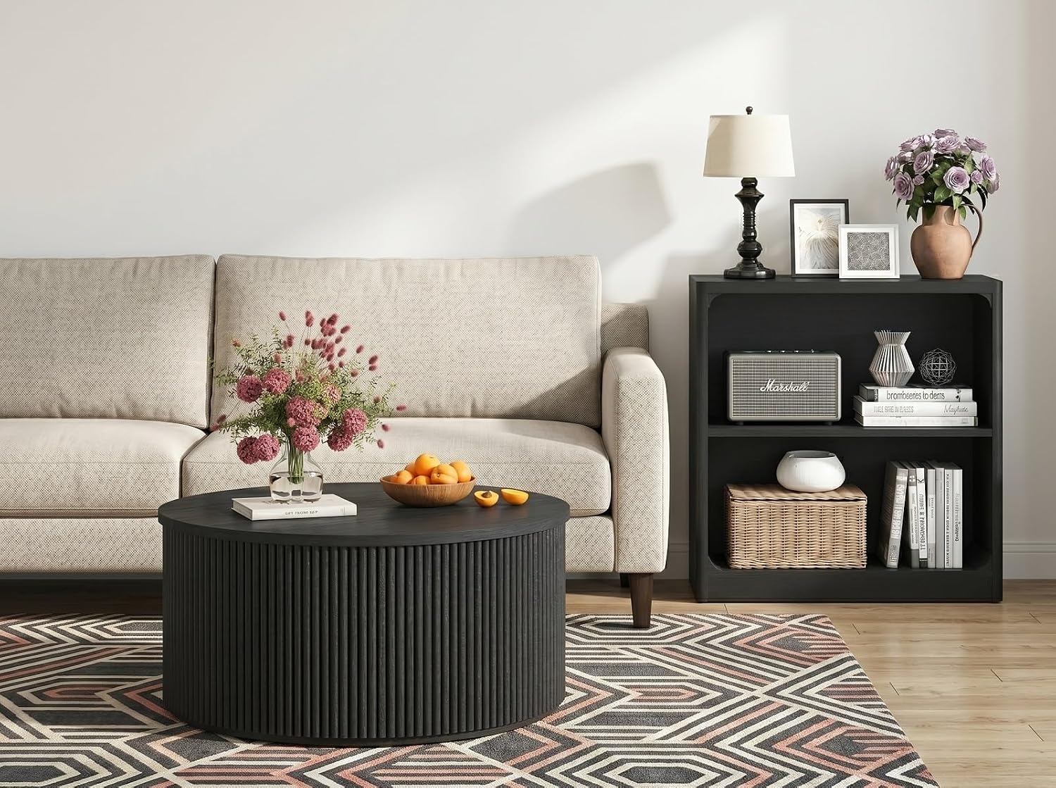 FATORNI Fluted Coffee Table and 3-Tier Bookshelf Set of 2, Round Coffee Table & Open Bookcase with Rounded Corners for Living Room, Black