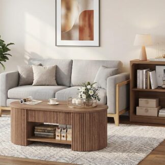 FATORRI Oval Fluted Coffee Table and 3-Tier Bookshelf Set of 2, Coffee Table with Open Bottom Shelf & Bookcase with Rounded Corners for Living Room, Walnut