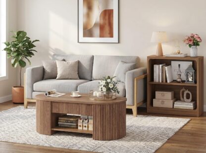FATORRI Oval Fluted Coffee Table and 3-Tier Bookshelf Set of 2, Coffee Table with Open Bottom Shelf & Bookcase with Rounded Corners for Living Room, Walnut