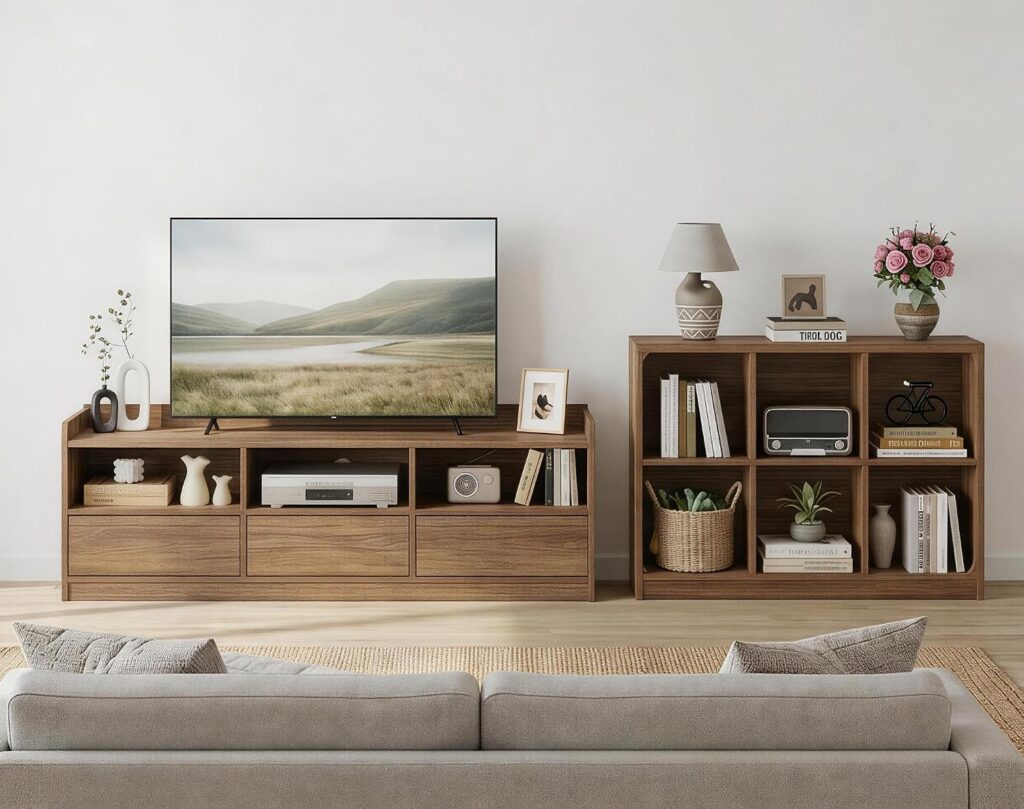 FATORRI Wood TV Stand with Drawers and 6 Cube Bookcase Set of 2, Bookshelf & Entertainment Center with Storage for Living Room, Bedroom, Walnut
