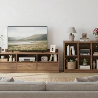 FATORRI Wood TV Stand with Drawers and 6 Cube Bookcase Set of 2, Bookshelf & Entertainment Center with Storage for Living Room, Bedroom, Walnut