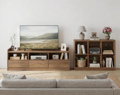FATORRI Wood TV Stand with Drawers and 6 Cube Bookcase Set of 2, Bookshelf & Entertainment Center with Storage for Living Room, Bedroom, Walnut