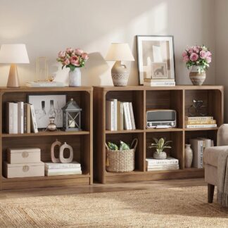 FATORRI 6-Cube Storage Organizer and 3-Tier Bookshelf Set of 2, Open Shelf Bookcase and Cube Bookcase with Rounded Corners for Living Room Bedroom Office, Walnut