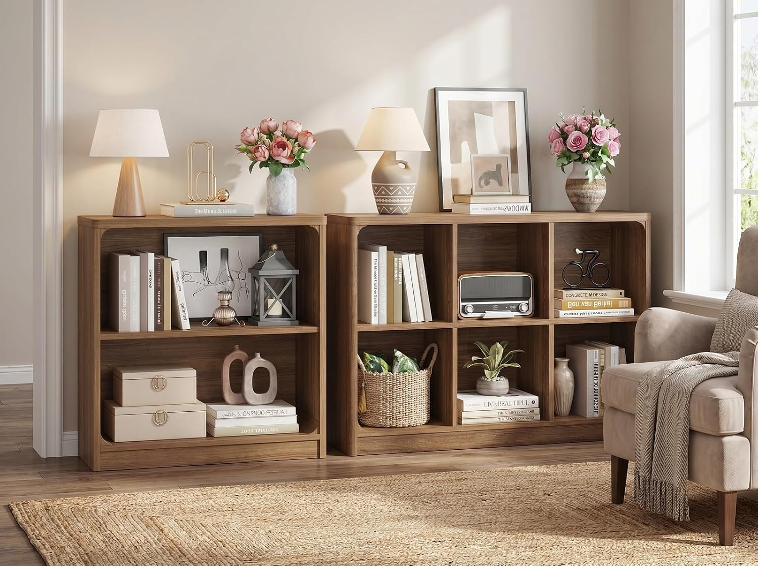 FATORRI 6-Cube Storage Organizer and 3-Tier Bookshelf Set of 2, Open Shelf Bookcase and Cube Bookcase with Rounded Corners for Living Room Bedroom Office, Walnut