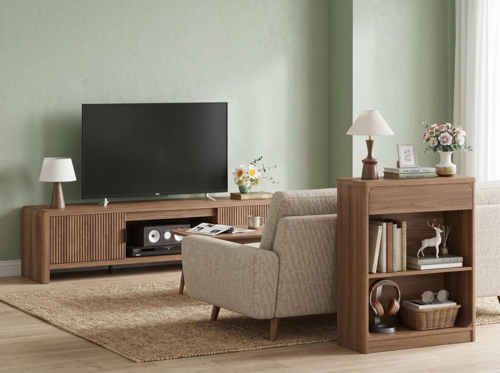 FATORRI TV Stand and Bookshelf with Drawer, Entertainment Center and Storage Bookcase Bundle, Wood Media Console and Display Shelf for Living Room, Bedroom, Walnut