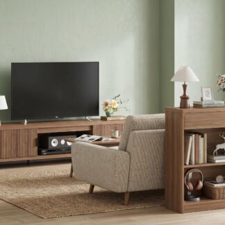 FATORRI TV Stand and Bookshelf with Drawer, Entertainment Center and Storage Bookcase Bundle, Wood Media Console and Display Shelf for Living Room, Bedroom, Walnut