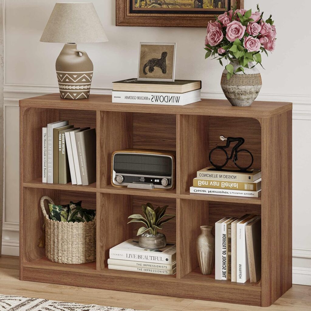 FATORRI 6 Cube Horizontal Bookshelf, Rustic Wooden Bookcase with Storage, Rounded Corners Cube Organizer Shelf for Living Room, Kids' Room, Bedroom, Home Office (Walnut)