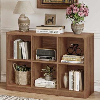 FATORRI 6 Cube Horizontal Bookshelf, Rustic Wooden Bookcase with Storage, Rounded Corners Cube Organizer Shelf for Living Room, Kids' Room, Bedroom, Home Office (Walnut)