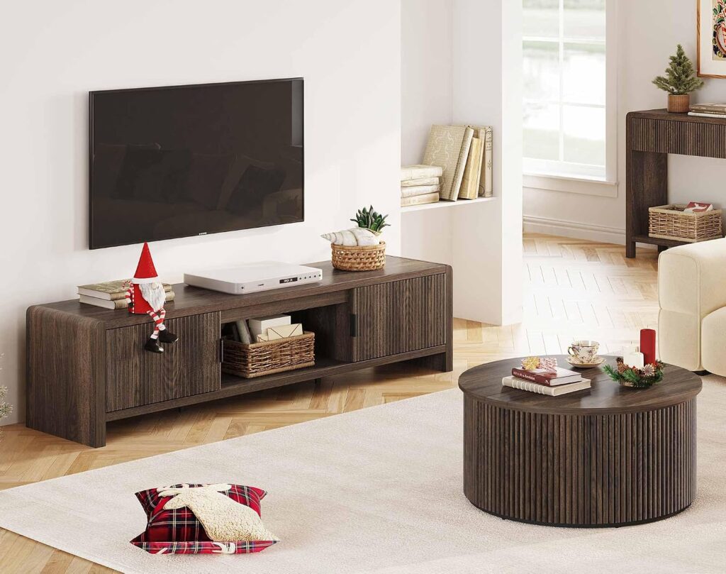 FATORRI TV Stand with Storage and Round Coffee Table for Living Room Bedroom (Dark Walnut)