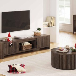 FATORRI TV Stand with Storage and Round Coffee Table for Living Room Bedroom (Dark Walnut)