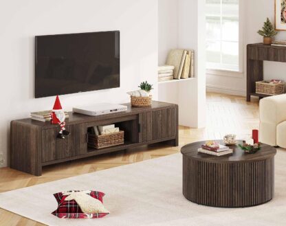 FATORRI TV Stand with Storage and Round Coffee Table for Living Room Bedroom (Dark Walnut)