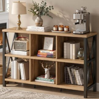 FATORRI 6 Cube Storage Organizer Book Shelf, 47 Inch Horizontal Bookshelf, Wood and Metal Cube Bookcase for Living Room, Home Office (Rustic Oak)