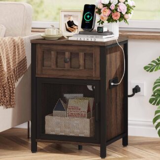 FATORRI End Table with Charging Station, Farmhouse Side Table with Drawer, Rustic Wood and Metal Nightstand and Bedside Tables for Living Room (Rustic Brown)