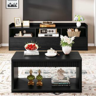 FATORRI Coffee Table and TV Stand Bundle for Living Room, Modern Black TV Console Entertainment Center with Storage Shelf, Fluted Rectangular Center Table Set, 2-Piece Furniture Set
