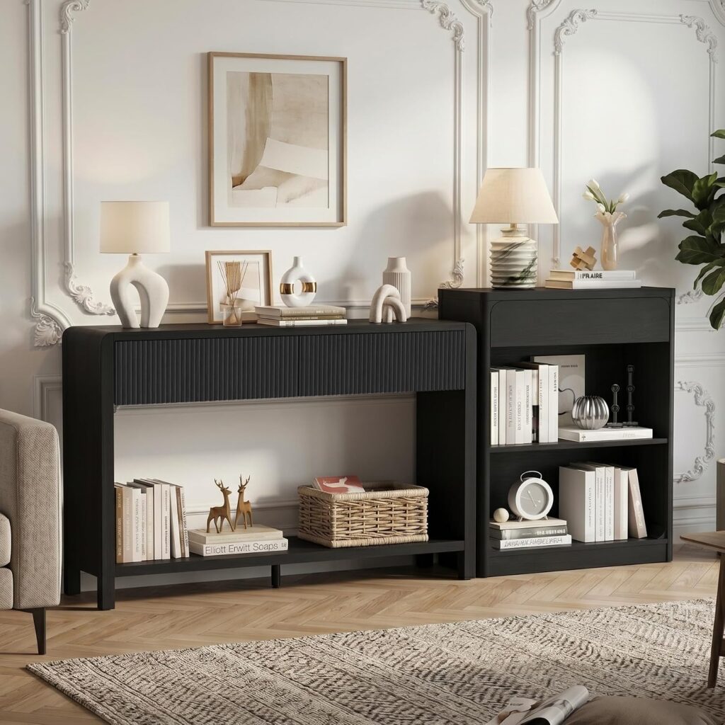 FATORRI Fluted Console Table and 3-Tier Bookshelf Set of 2, Sofa Table with Open Bottom Shelf & Bookcase with Drawer for Living Room Entryway Bedroom, Black