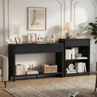 FATORRI Fluted Console Table and 3-Tier Bookshelf Set of 2, Sofa Table with Open Bottom Shelf & Bookcase with Drawer for Living Room Entryway Bedroom, Black