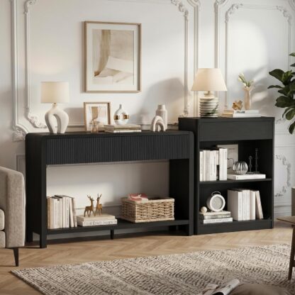 FATORRI Fluted Console Table and 3-Tier Bookshelf Set of 2, Sofa Table with Open Bottom Shelf & Bookcase with Drawer for Living Room Entryway Bedroom, Black