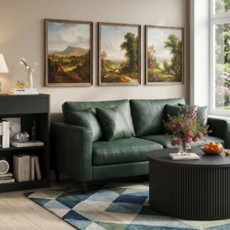 FATORRI Bookcase with Drawer and Round Fluted Coffee Table, Wood Living Room Bundle, Black