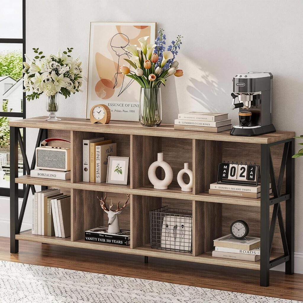 FATORRI 8 Cube Storage Organizer Bookshelf, 62 Inch Rustic Wood Horizontal Bookcase, Farmhouse Cube Long Book Shelf, TV Console Stand for Living Room (Rustic Oak)