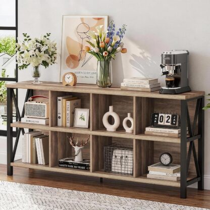 FATORRI 8 Cube Storage Organizer Bookshelf, 62 Inch Rustic Wood Horizontal Bookcase, Farmhouse Cube Long Book Shelf, TV Console Stand for Living Room (Rustic Oak)